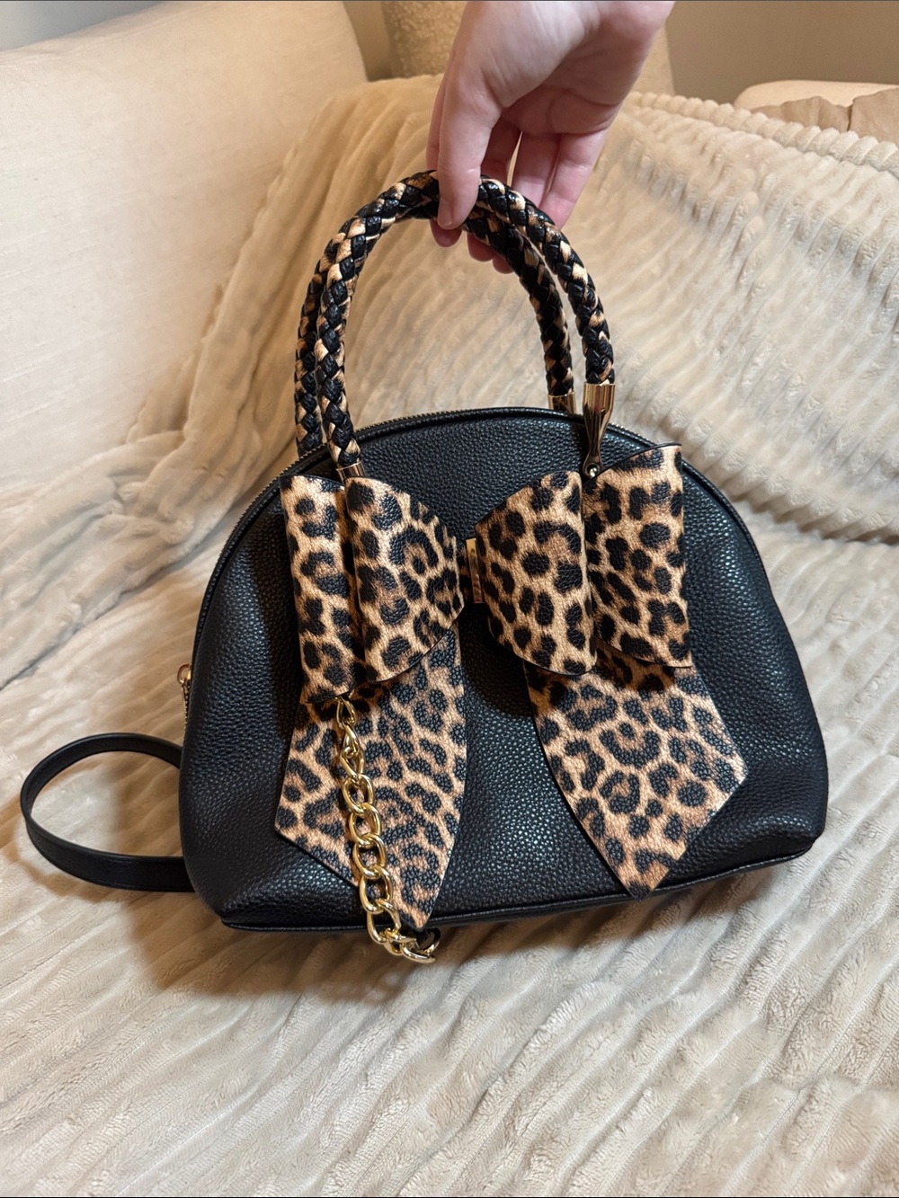 Black Satchel Handbag with Leopard Bow Detail